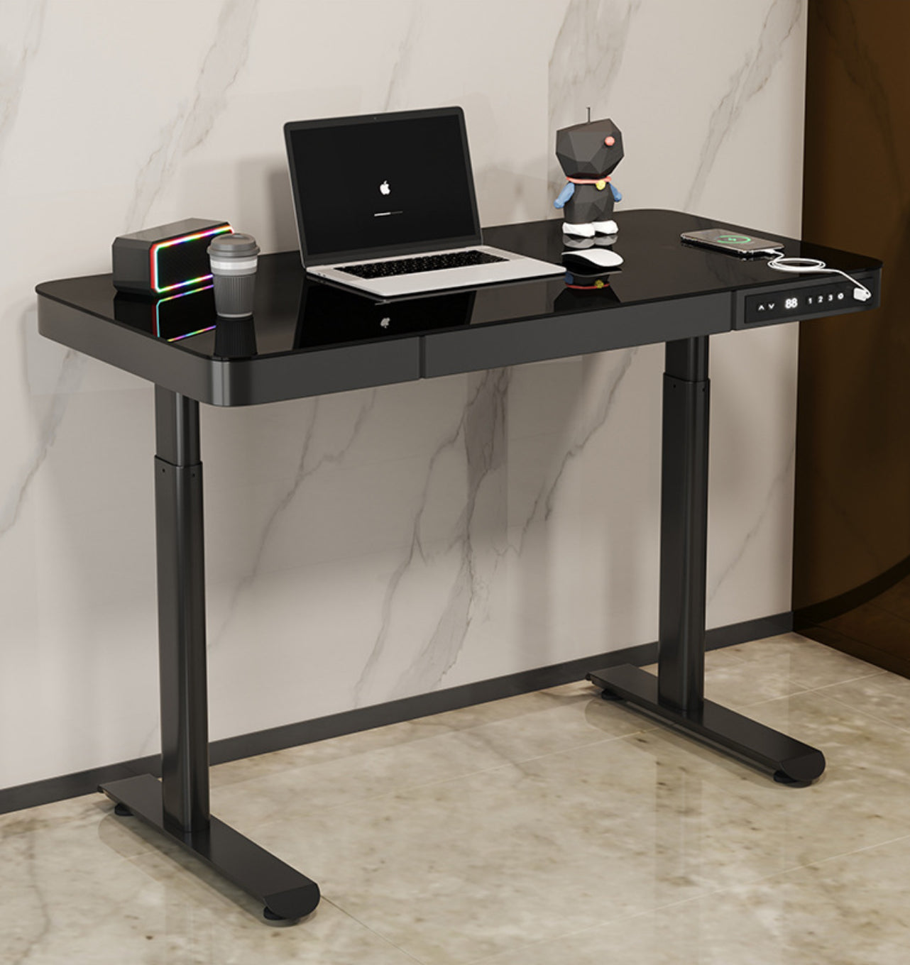 Black Tempered Glass Electric Height-Adjustable Smart Desk for Office and Study (1.4m)