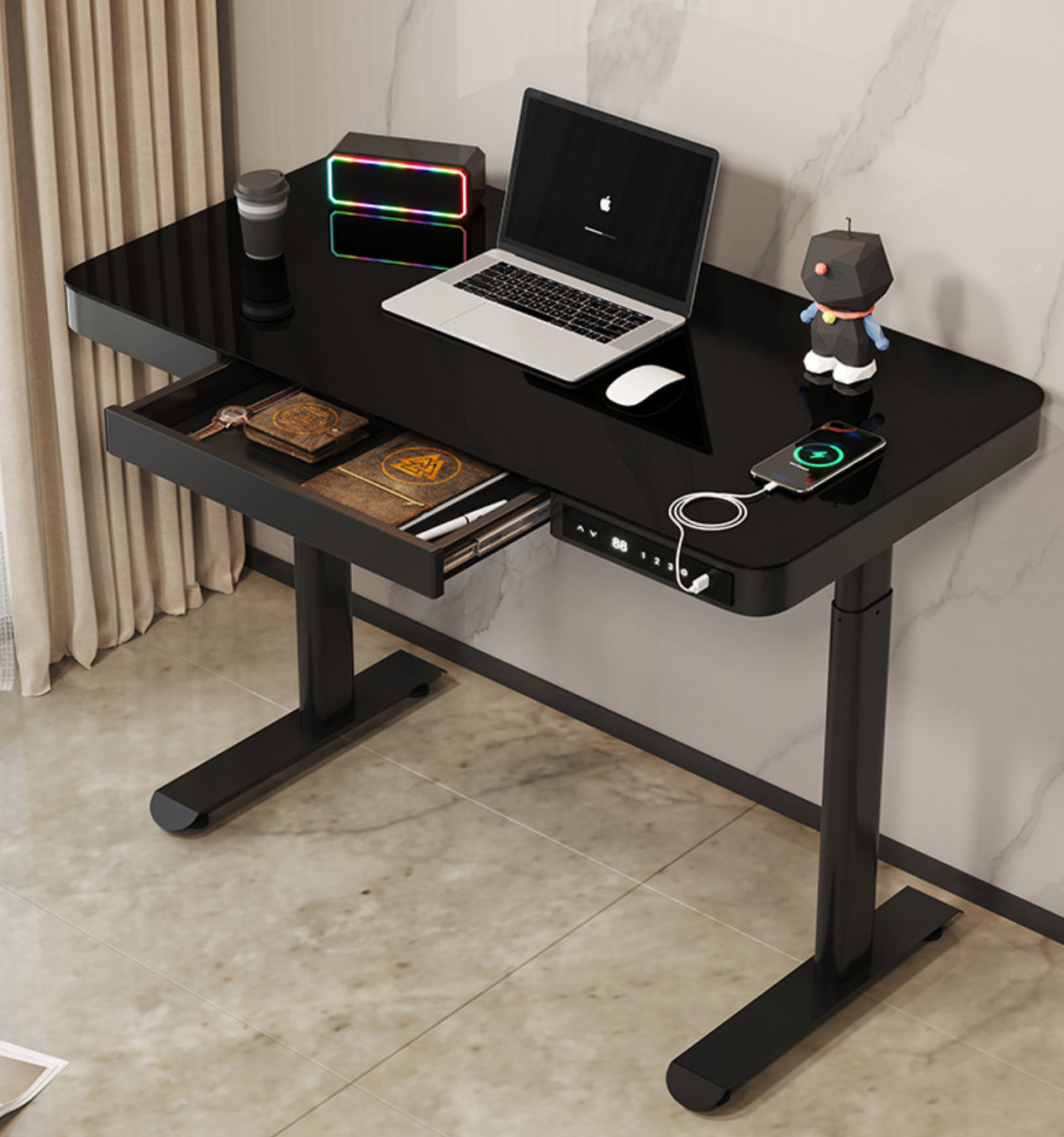 Black Tempered Glass Electric Height-Adjustable Smart Desk for Office and Study (1.4m)