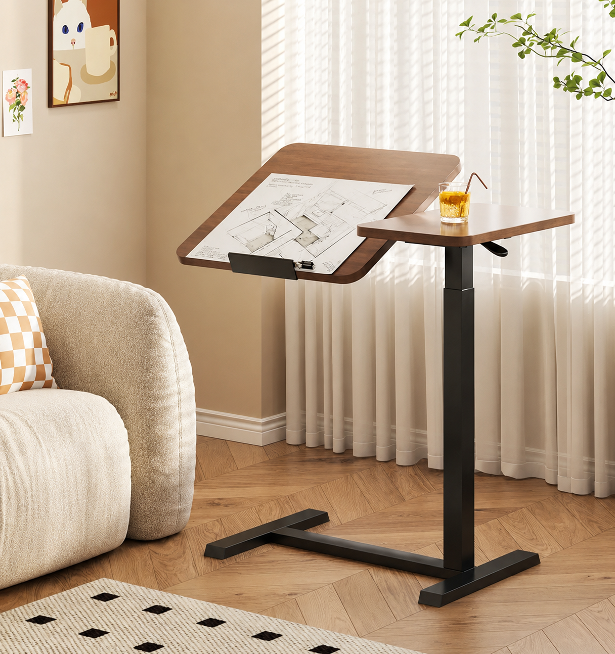 Walnut Height-Adjustable Mobile Bedside Table – Compact & Flexible