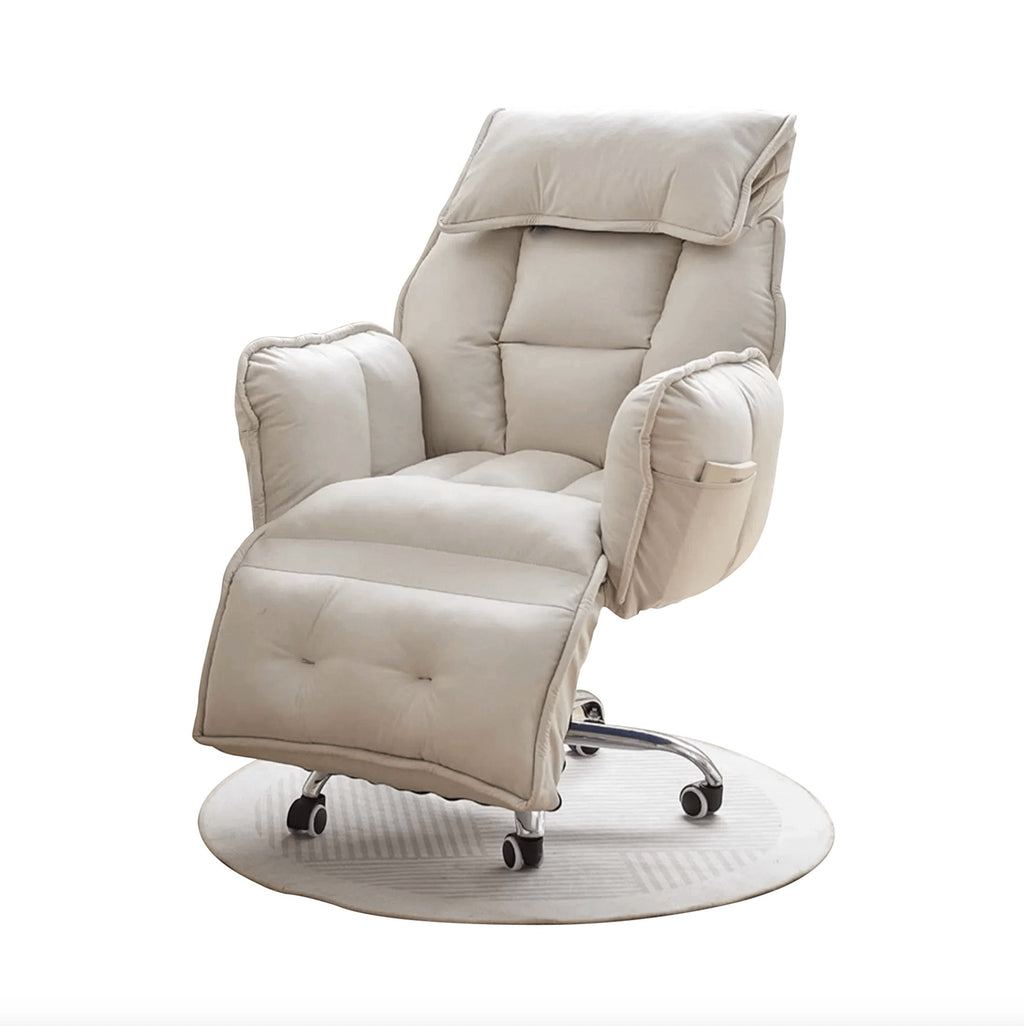 TS FURNITURE beige reclining office armchair with retractable footrest, plush fabric, and adjustable armrests.