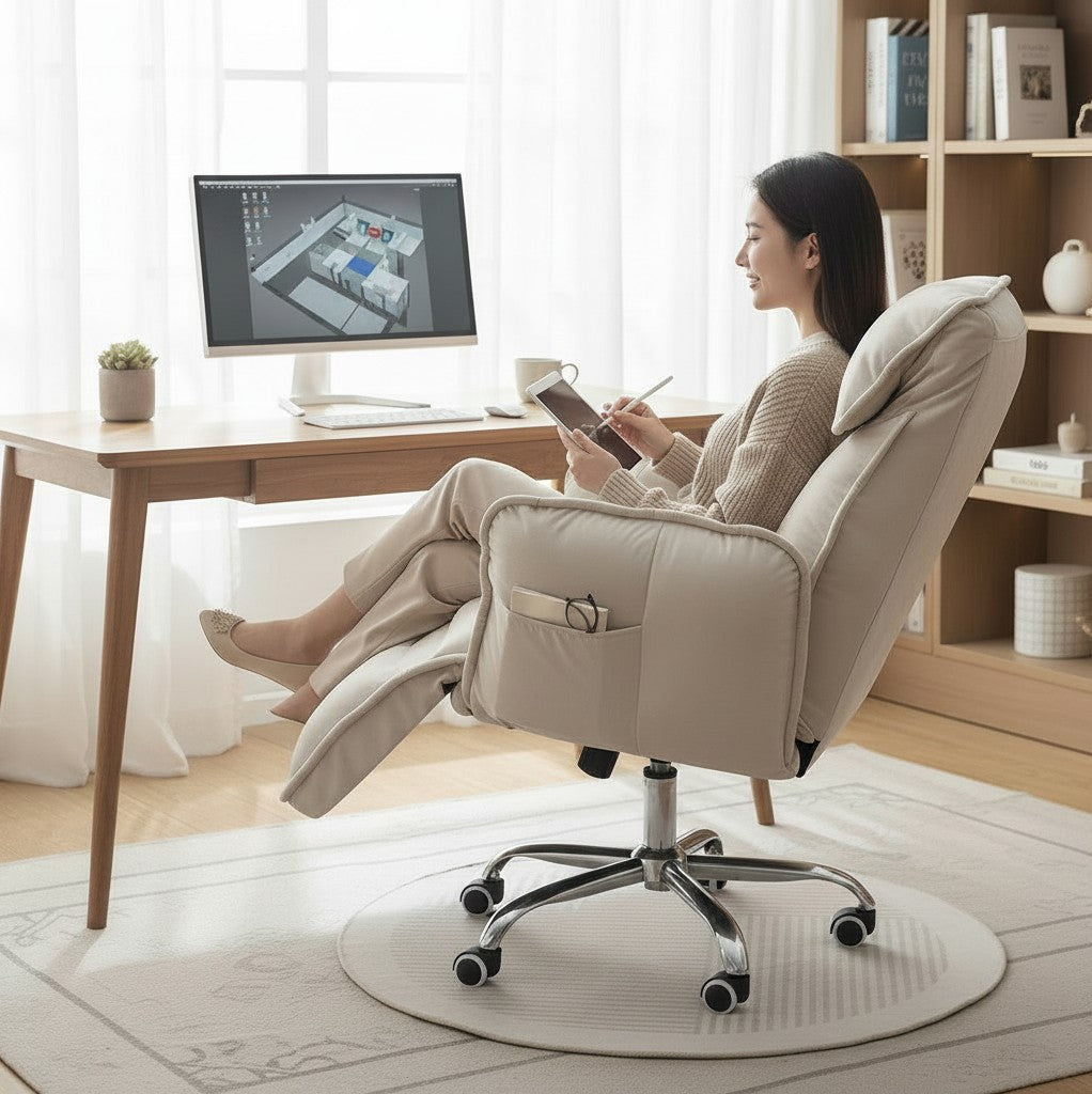 Woman sitting in a beige TS FURNITURE reclining office chair with a retractable footrest in a bright home office.