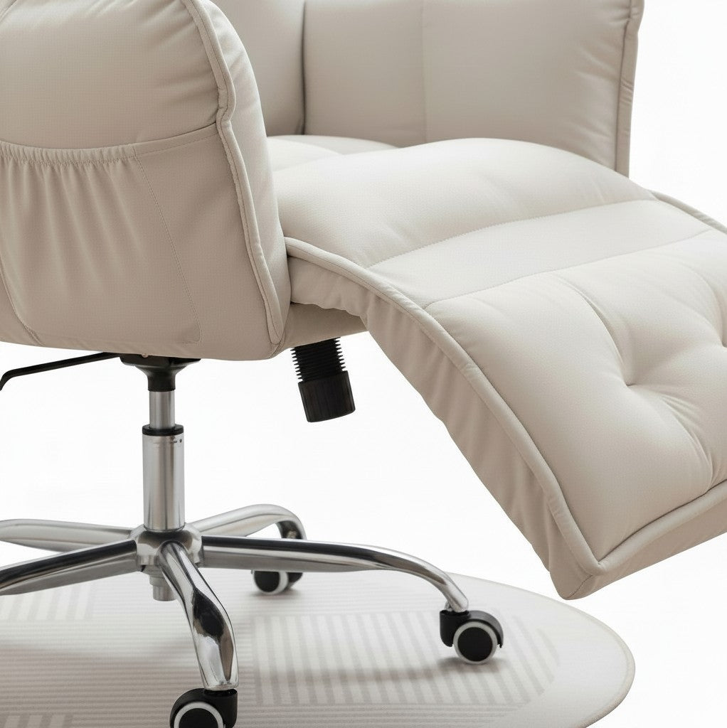 TS FURNITURE beige reclining office chair with retractable footrest, high-resilience foam, and adjustable armrests.