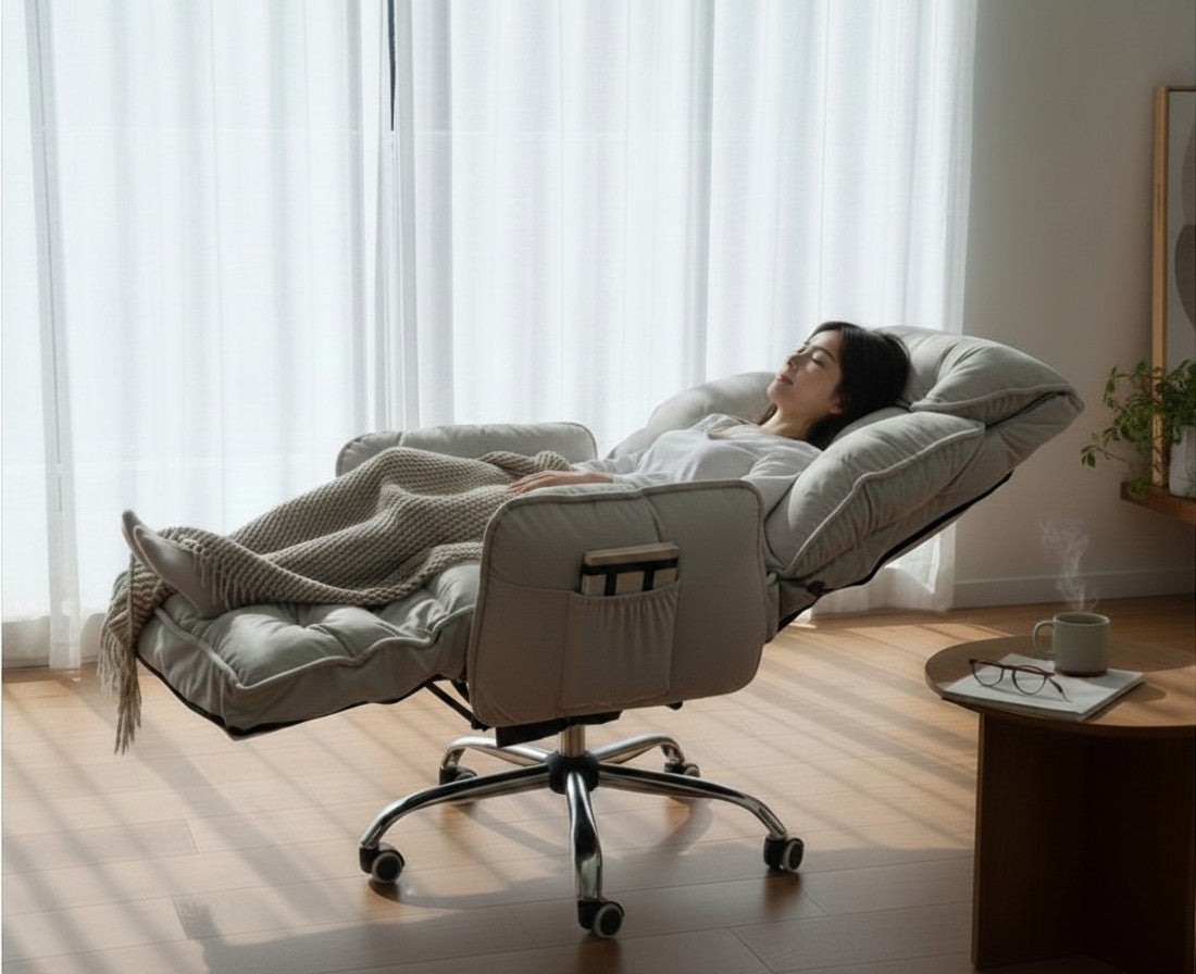 Woman relaxing in a TS FURNITURE grey fabric reclining office chair with a footrest and adjustable armrests.