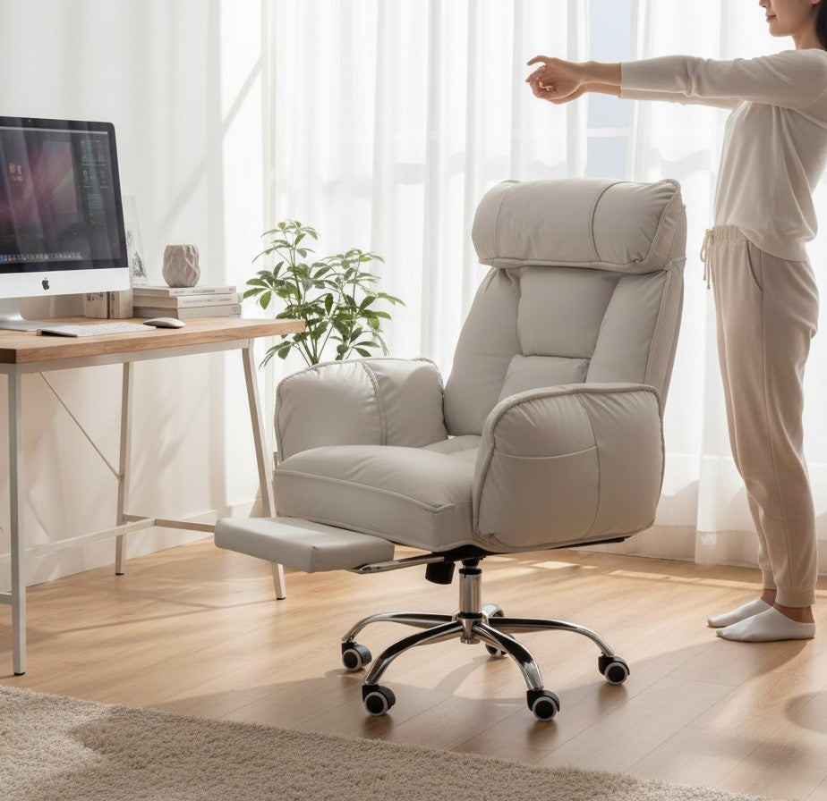 TS FURNITURE light grey reclining office chair with retractable footrest and plush fabric in a bright home office.