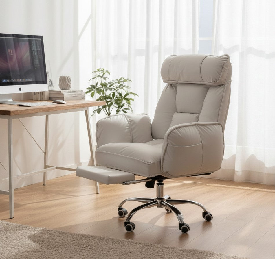 TS FURNITURE light grey reclining home office chair with retractable footrest and plush fabric in a bright room.