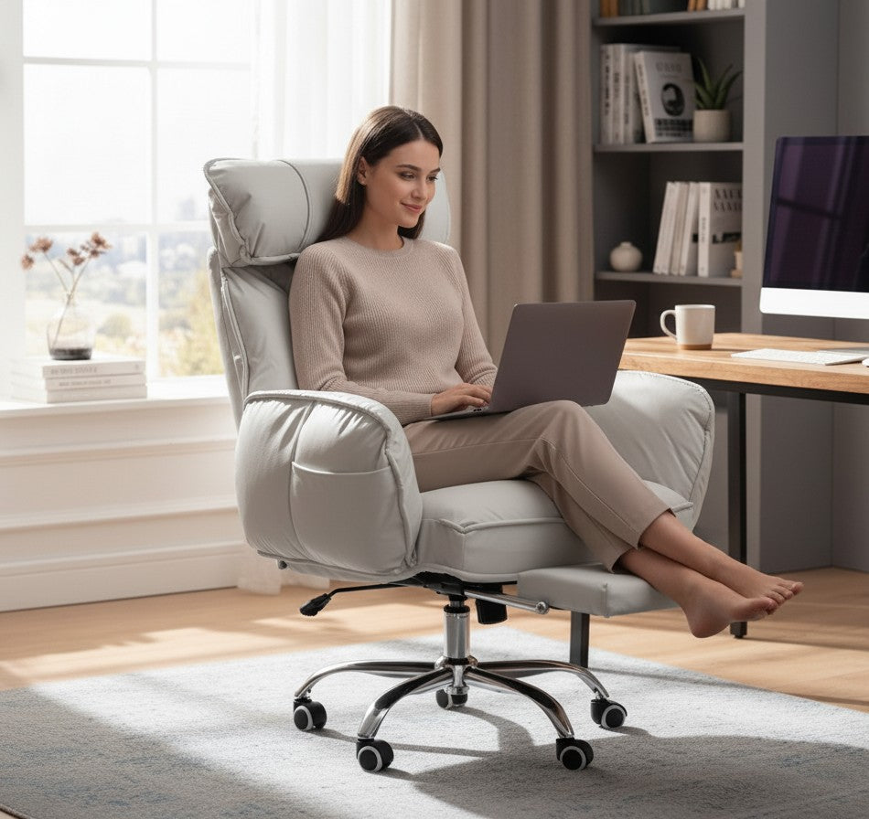 A woman sitting in a TS FURNITURE grey reclining office chair with a retractable footrest in a bright home office.