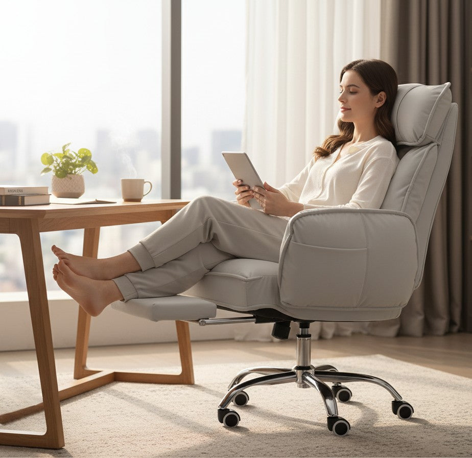 TS FURNITURE grey reclining office chair with retractable footrest, featuring plush fabric and adjustable armrests.