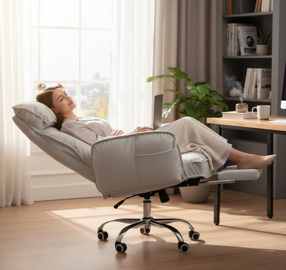 Woman relaxing in a light grey TS FURNITURE reclining office chair with a retractable footrest in a bright home office.