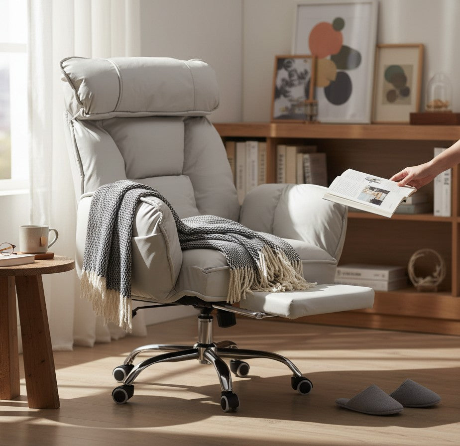 TS FURNITURE light grey reclining office chair with retractable footrest, plush fabric, and a cozy throw blanket.
