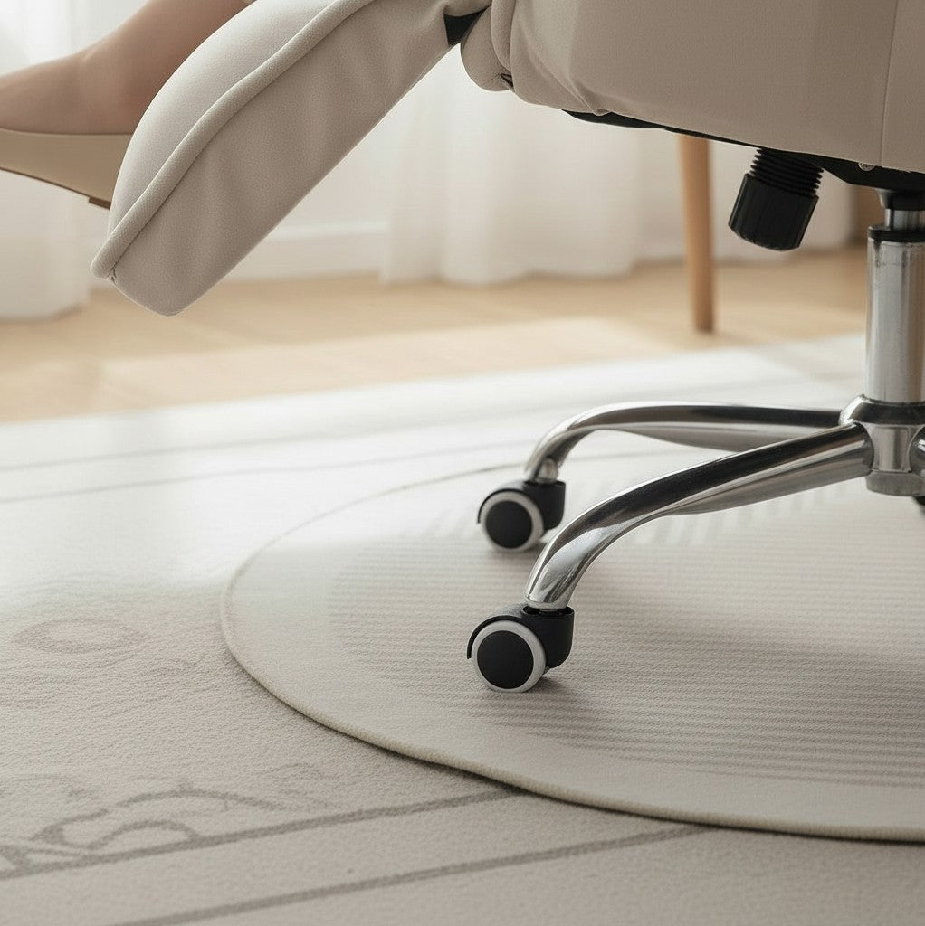 TS FURNITURE cream reclining office chair with retractable footrest, chrome base, and smooth rolling casters