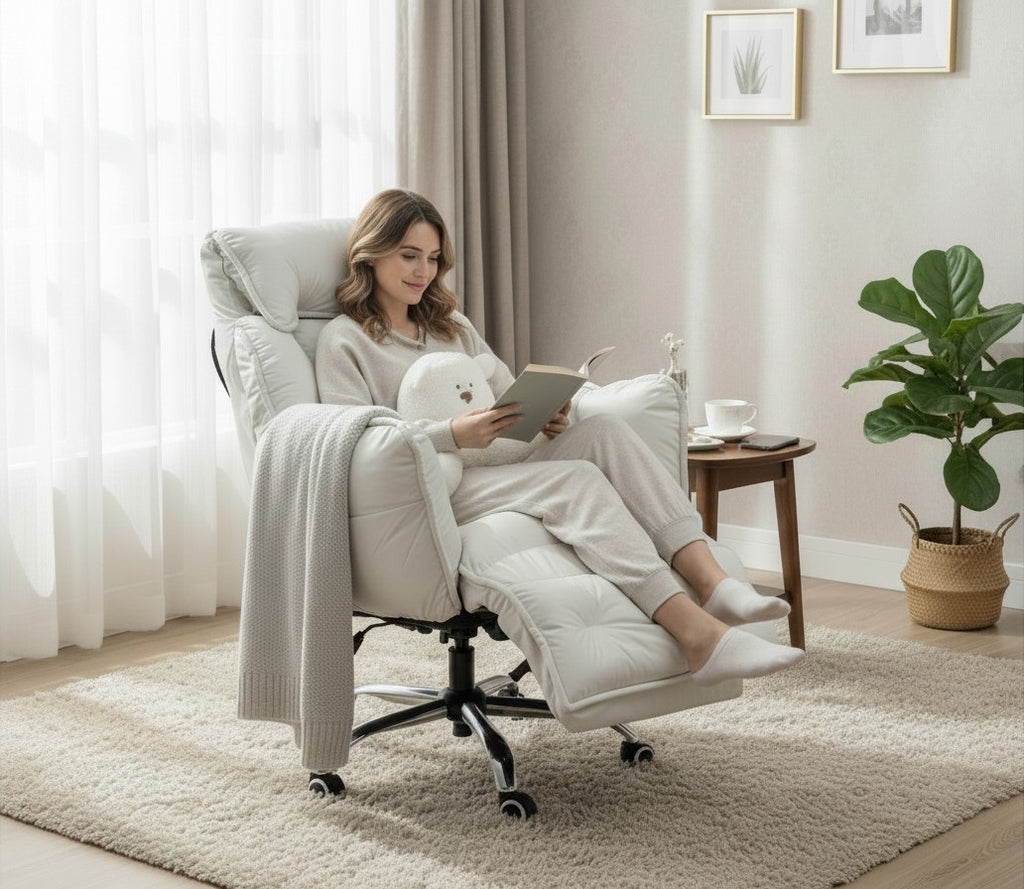 A woman reading in a TS FURNITURE white reclining armchair with a retractable footrest in a cozy living room.