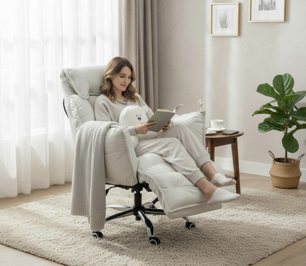 A woman reading in a TS FURNITURE white reclining armchair with a retractable footrest in a cozy living room.