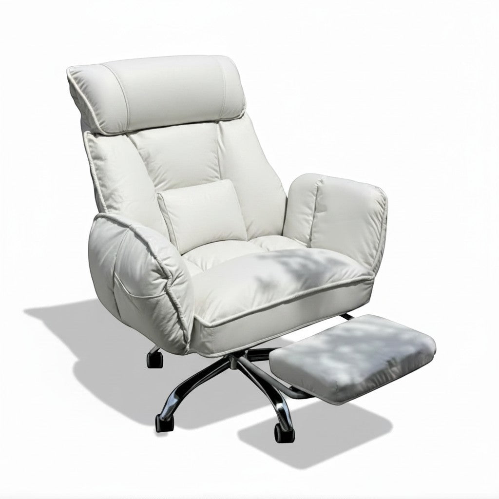 TS FURNITURE white reclining lazy armchair with retractable footrest, high-resilience foam, and adjustable armrests.